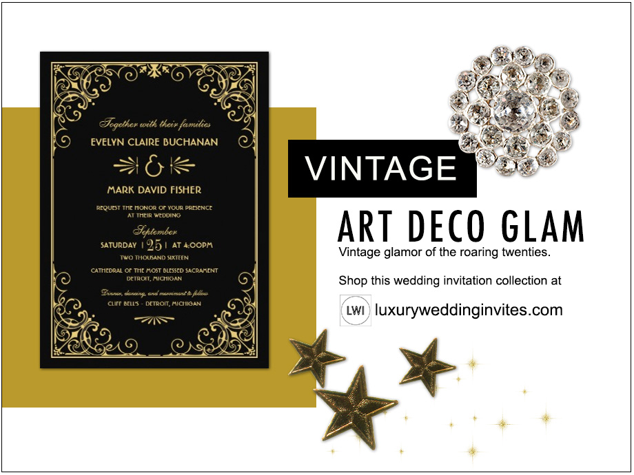 Vintage art deco glam wedding themes inspiration board with gold and black wedding invitation