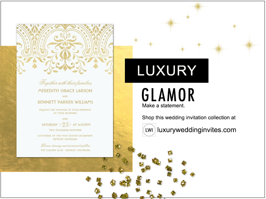 Gold glamor luxury wedding themes inspiration board and wedding invitation suggestion