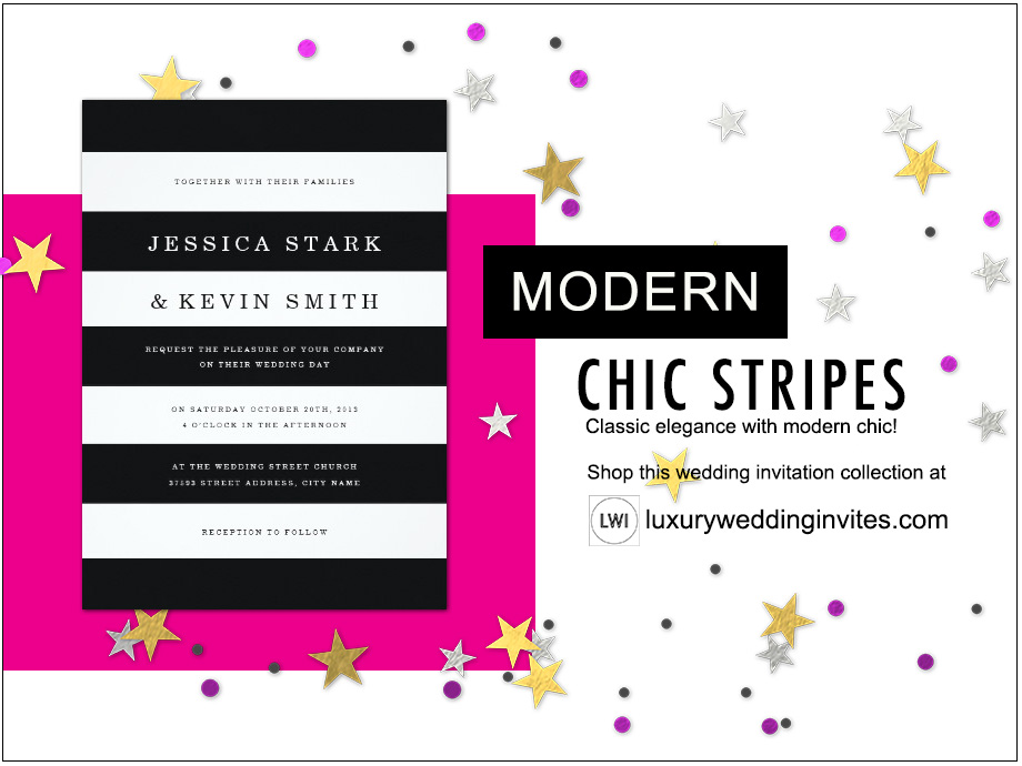 Black and white chic stripes wedding invitation shown for modern wedding themes inspiration board