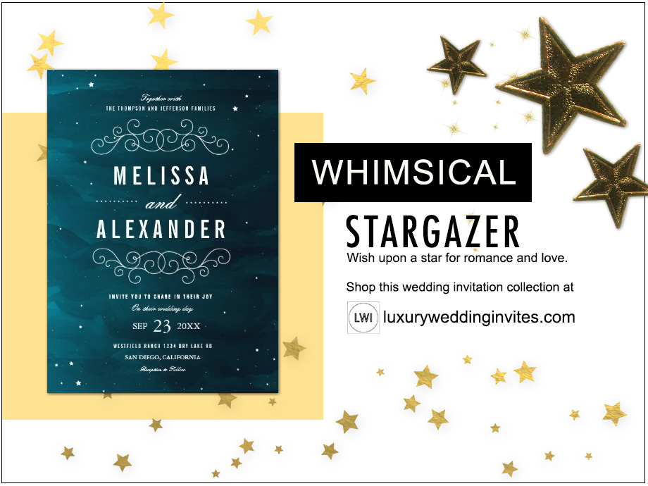 Stargazer whimsical wedding themes inspiration board with night sky blue and twinkling stars wedding invitation design